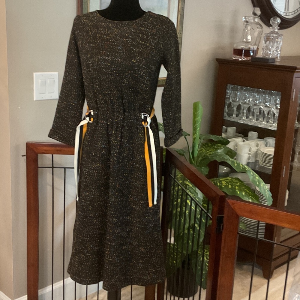VIP ART - Long Sleeve Black Speckled Midi Dress with Accent Ties, Small/36